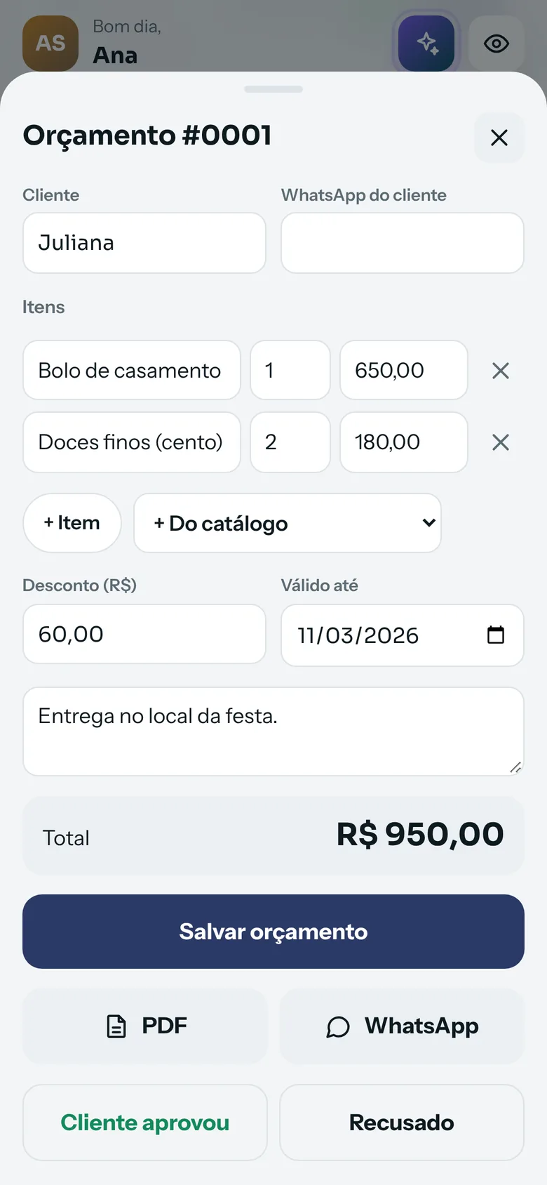 Orçamento com itens, desconto e total no Prumo